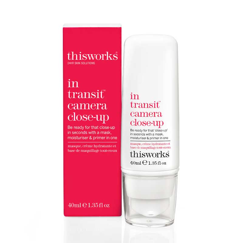 This Works | In Transit Camera Close Up | handbag must-have | mask | moisturiser | primer | all-in-one | long-lasting makeup finish | smoother skin | improved appearance | 96% natural ingredients | 40ml size | skincare saviour