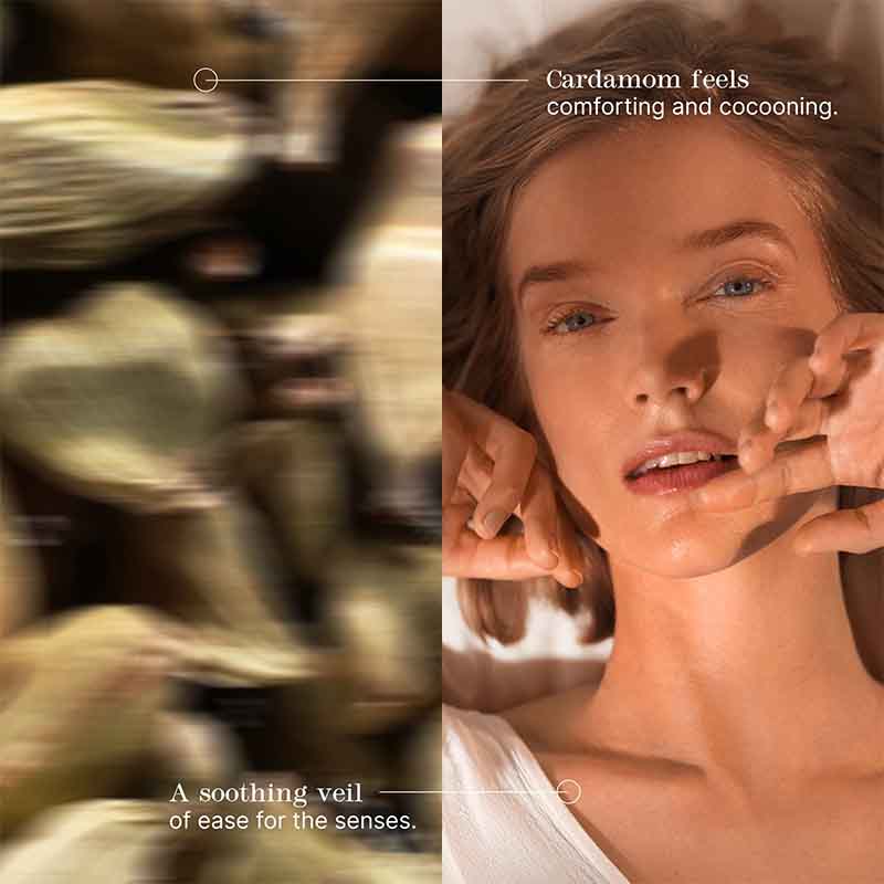 A split promotional image with a blurred warm-toned background on the left and a close-up of a woman on the right. Text reads, 'Cardamom feels comforting and cocooning.