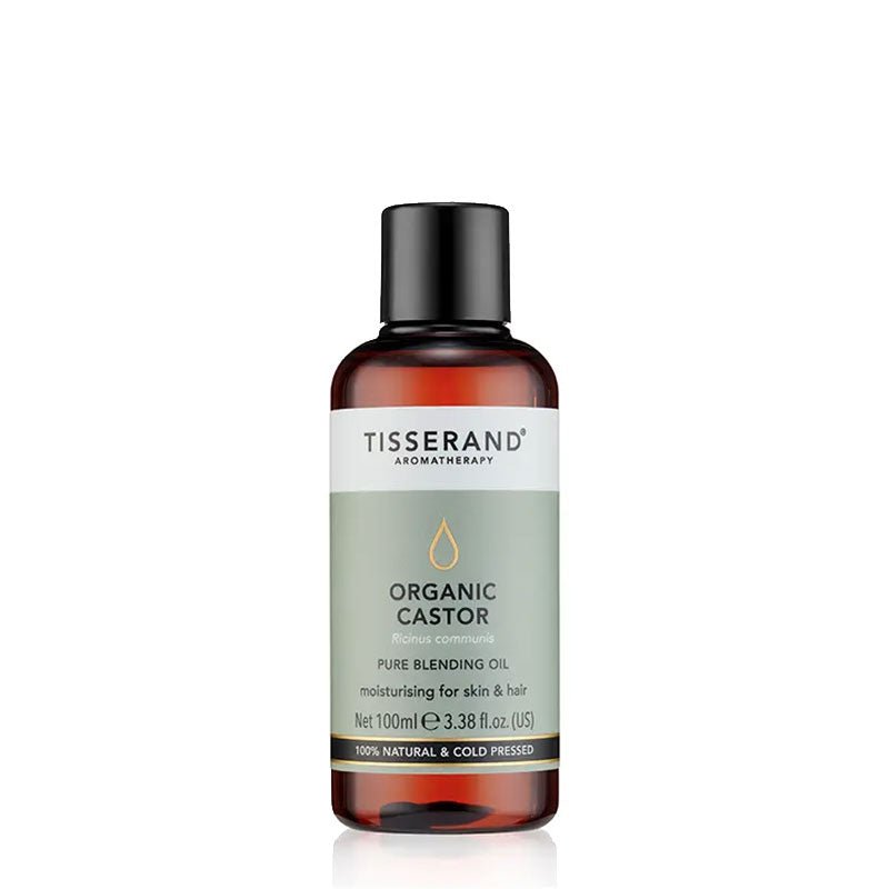 A bottle of Tisserand Organic Castor Oil. Pure blending oil to moisturise skin and hair.