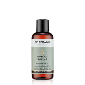 A bottle of Tisserand Organic Castor Oil. Pure blending oil to moisturise skin and hair.