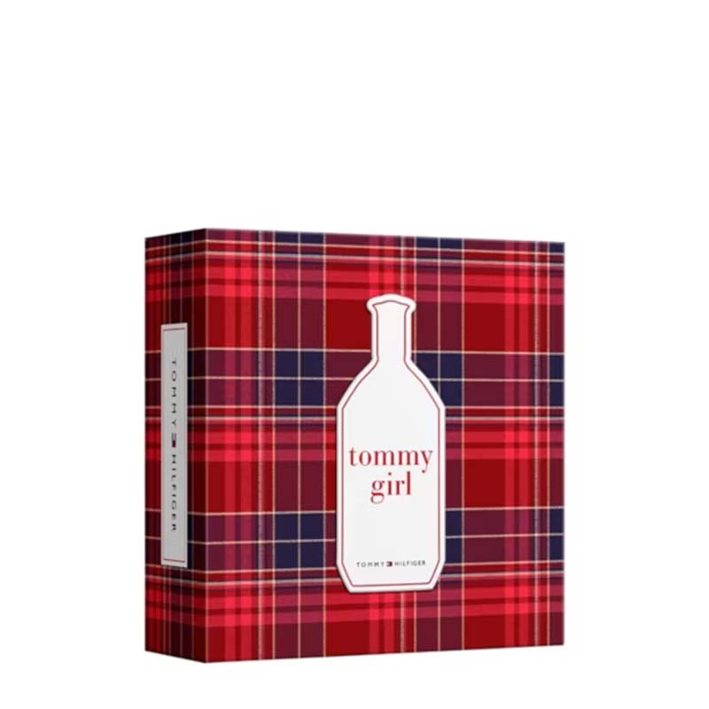 Tommy Girl by Tommy Hilfiger fragrance box featuring a red and navy plaid pattern with a white bottle-shaped label in the center.
