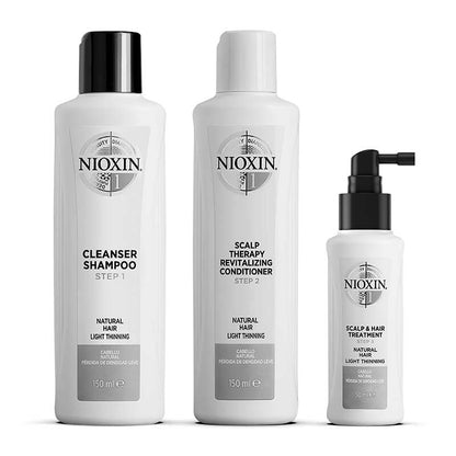 Nioxin | System 1 | Three Part | Trial Kit | ultimate starter set | hair growth journey | normal hair | light thinning | shampoo | conditioner | leave in treatment | hair growth | scalp health | innovative system | hair thinning | research | develop | effective | trio | hair thickening | natural hair | boost | fullness | volume