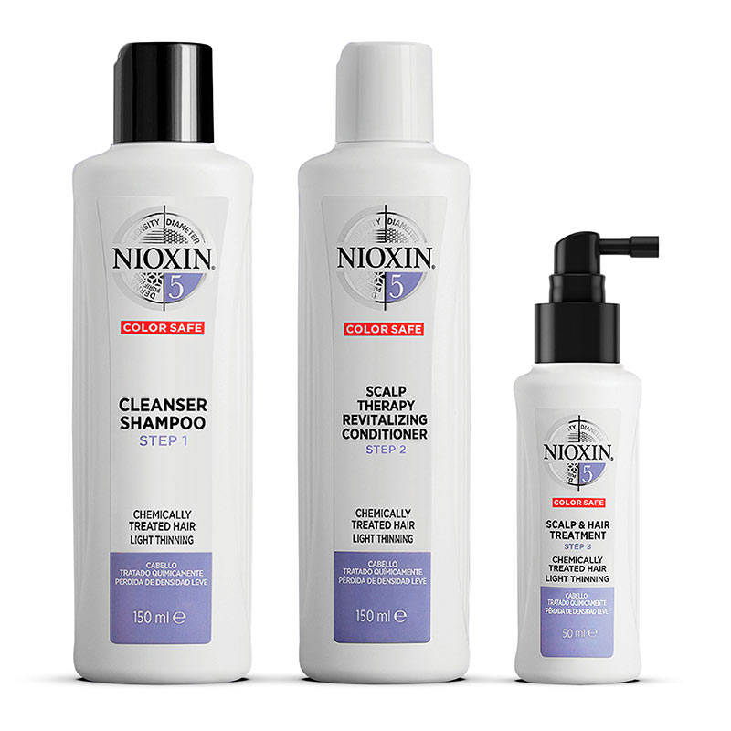 Nioxin | System 5 | Three Part | Trial Kit | chemically treated hair | healthy | beautiful | trial sized | shampoo | conditioner | leave in treatment | work together | hair growth | strength | thickening | shine | colour | scientific innovation | hair thickening | treatments | hair wash