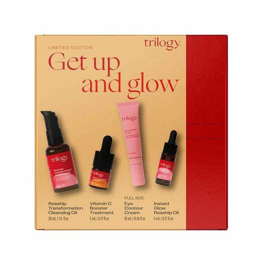 Trilogy Get Up And Glow Gift Set, face cleansing oil, eye cream, rosehip oil, vitamin c booster treatment