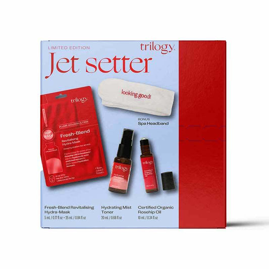 Trilogy Jet Setter Skincare Gift Set, skincare routine, face mask, facial toner, rosehip oil