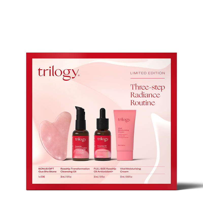 Trilogy Three Step Radiance Routine Gift Set | Skincare | Trilogy gift set | Trilogy skincare gift set | Skincare gift | Christmas gift | christmas skincare gift | cleanser | moisturiser | oil | cleansing oil | gua sha