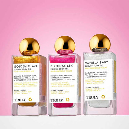 Truly Beauty Birthday Sex Luxury Body Oil Lifestyle Image Three Shades Bottles