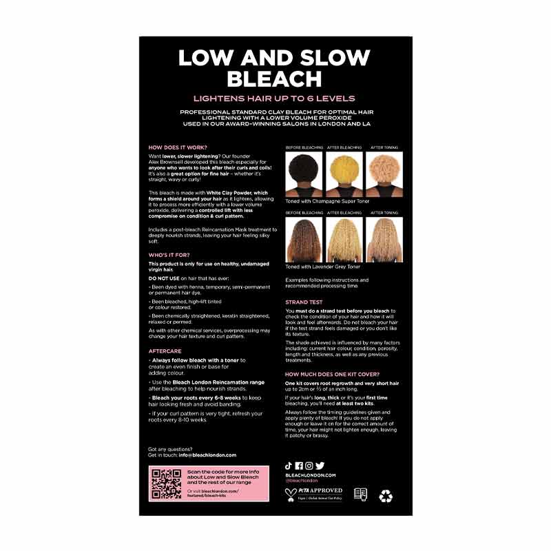 Bleach London Low & Slow Bleach Kit | hair | lightening | lift | remove | natural | colour | pigment | curly | coily | hair | curl | pattern | professional | kit | designed | grade | lighten | 6 levels | preserving | integrity 