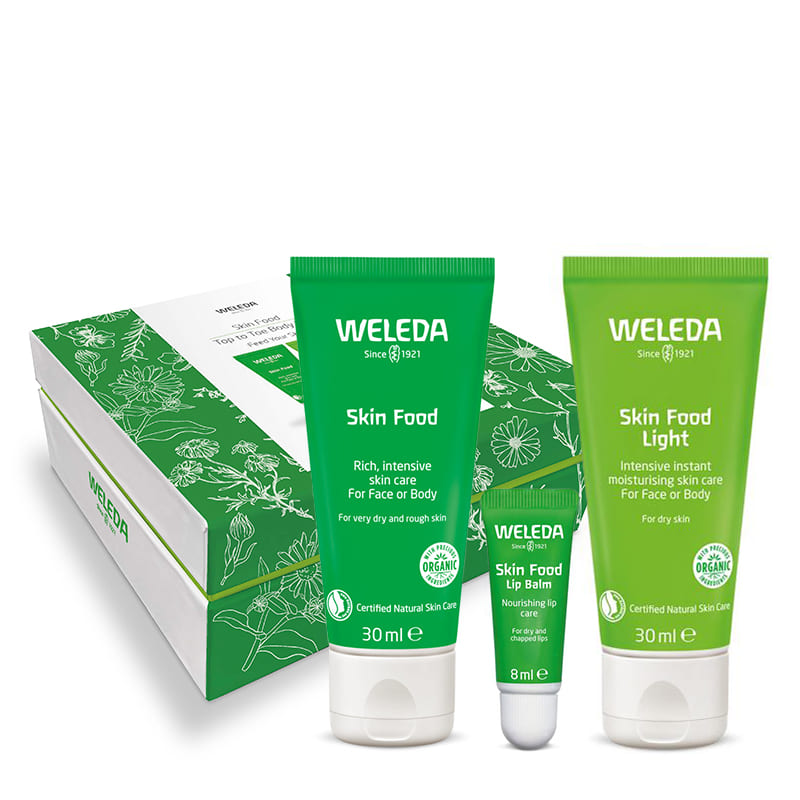 Weleda Skin Food Top to Toe Body Care Gift Set | ultimate skin care trio | travel-friendly sizes | Skin Food | Skin Food Light | Skin Food Lip Balm | nourish skin | shine | relief | protection | dry | chapped lips