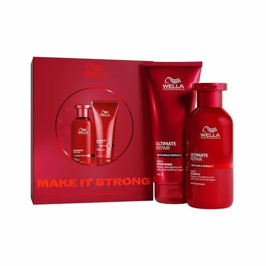 Wella Professionals Ultimate Repair Make it Strong Duo Set product image white background red bottles side by side in front of the packaging