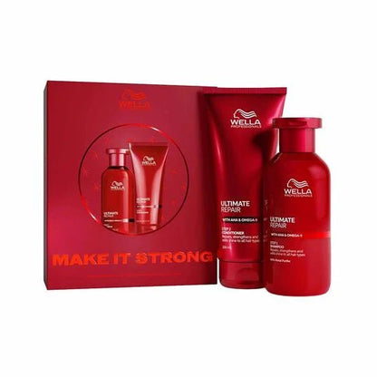 Wella Professionals Ultimate Repair Make it Strong Duo Set product image white background red bottles side by side in front of the packaging