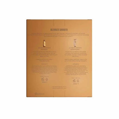 The back of a tan cardboard box for Ultrasensitive Skin Line Ultimate Smooth Hair Conditioner, showing product descriptions and icons on a white background. A fabulous gift set in gold packaging.