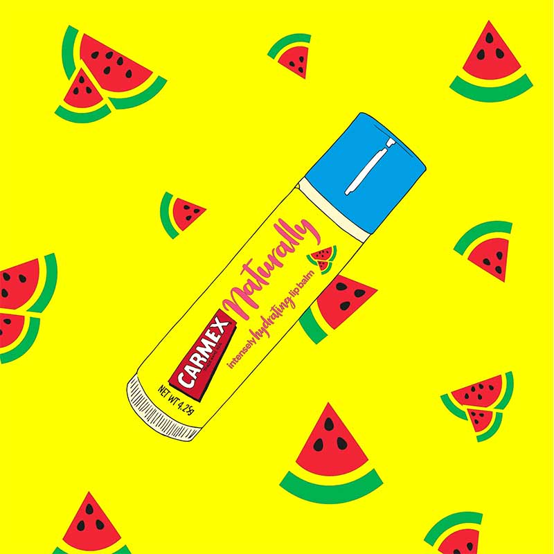 Carmex | Naturally | Watermelon Stick | lip balm |juicy watermelon | soften | nourish | dry | chapped lips | 93% natural ingredients | soothe | protect | antioxidants | fruit seed oils | hydrating | deliciously fragrant