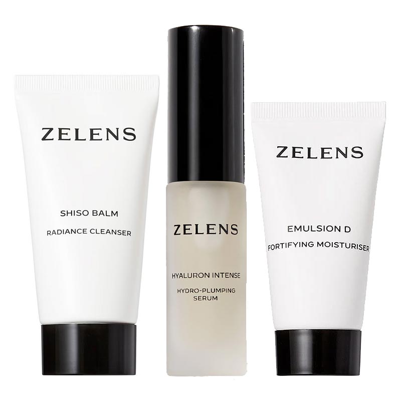 Zelens Travel Bundle | Radiant skin on the go | Shiso Balm Radiance Cleanser | Hyaluron Intense Serum | Emulsion D Fortifying Moisturiser | Gentle impurity removal | Deep hydration | Plumps for youthful appearance | Locks in moisture | Fortifies skin barrier
