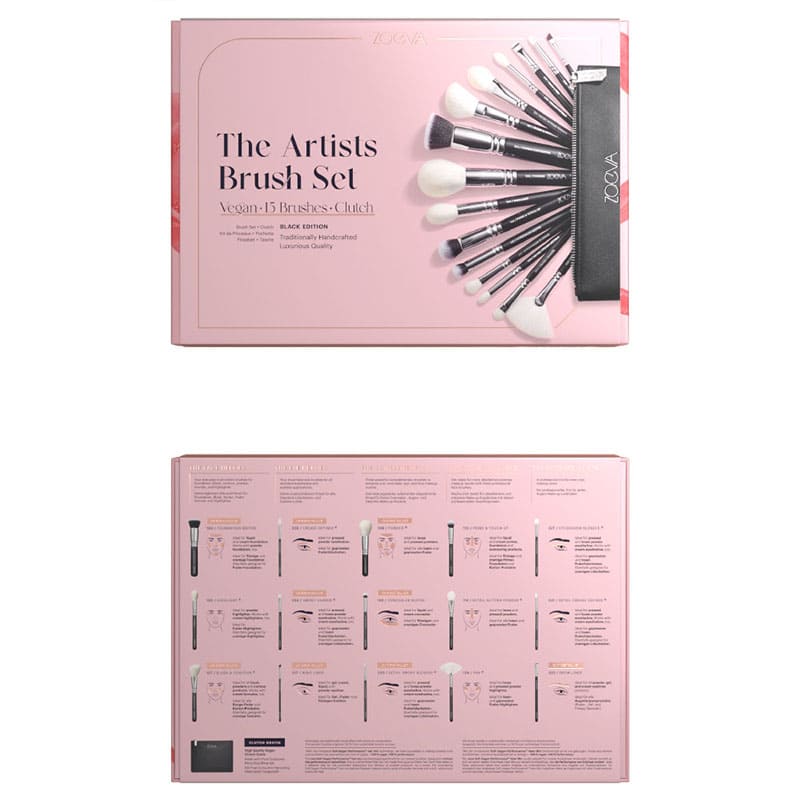 Zoeva | The Artists Brush Set | 15 essential makeup brushes | stylish clutch | traditionally handcrafted | premium components | innovative | white Soft-Vegan-Performance™ hair mix brushes | powder formulas | vegan mono hair mix brushes | black hair | white tips | liquid | cream | gel textures | unleash inner artist | artistry | no bounds