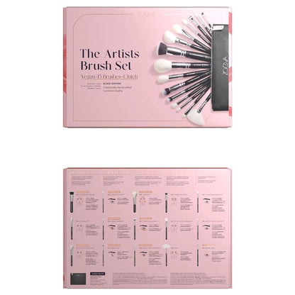Zoeva | The Artists Brush Set | 15 essential makeup brushes | stylish clutch | traditionally handcrafted | premium components | innovative | white Soft-Vegan-Performance™ hair mix brushes | powder formulas | vegan mono hair mix brushes | black hair | white tips | liquid | cream | gel textures | unleash inner artist | artistry | no bounds