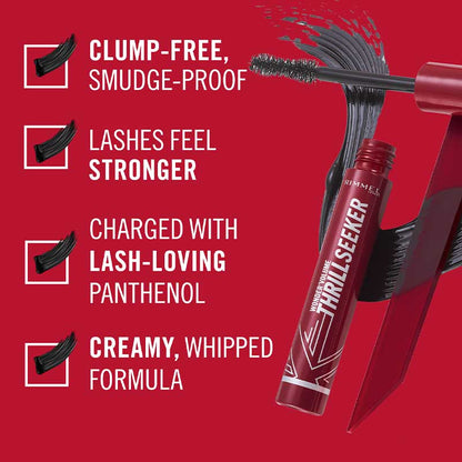 Rimmel London Volume Thrill Seeker Mascara | clump free smudge proof mascara | lashes feel stronger | charged with lash loving panthenol | creamy whipped formula