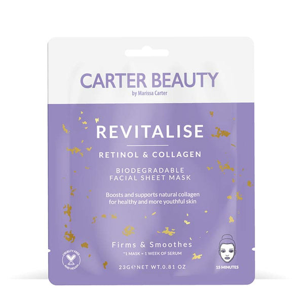 Carter Beauty By Marissa Revitalise Retinol & Collagen Facial Sheet Mask | facial mask | biodegrable mask | vegan face mask | cruelty free |  Retinol | Collagen