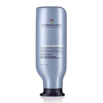 Pureology Strength Cure Blonde Purple Conditioner is a toning conditioner that fights unwanted brassy or yellow tones in lightened or blonde hair. It strengthens damaged and lightened hair & protects your colour.