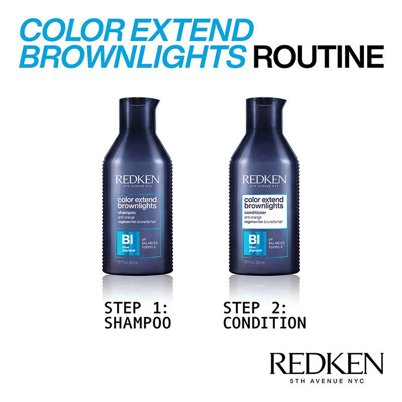 Redken Brownlights Conditioner | brunette brassy tones | blue pigment conditioner | highlights | balayage | anti ornage tones conditioner | new packaging