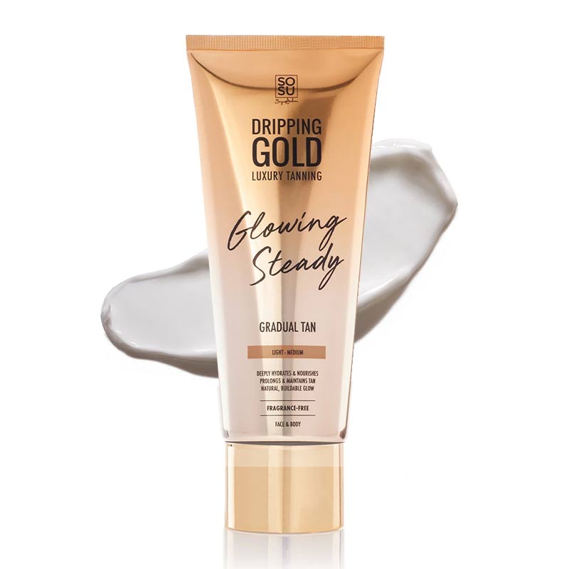 SOSU by Suzanne Jackson Dripping Gold Glowing Steady Gradual Tan | Vegan tan | cruelty-free tan | face tan | body tan | face tan | body tan | gradual tan moisturiser