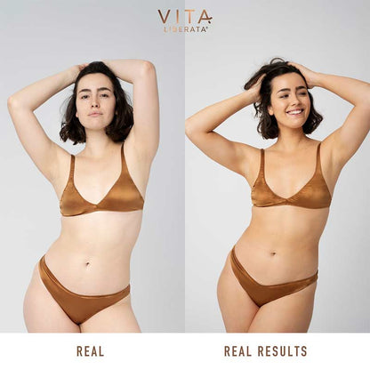 Vita Liberata Heavenly Tanning Elixir Tinted | before and after shade medium tinted elixir | vita rebrand | vita new packaging