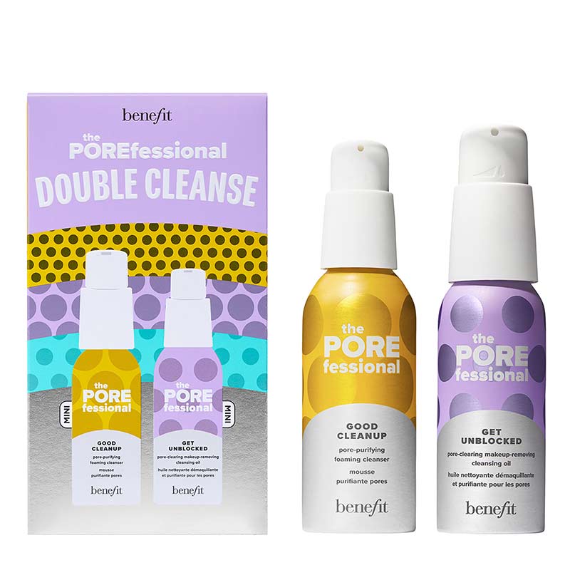Benefit Cosmetics The Porefessional Double Cleanse | Gift Set | The POREfessional Get Unblocked cleansing oil | The POREfessional Good Cleanup foaming cleanser | free sample size of the Deep Retreat pore-clearing clay mask. 