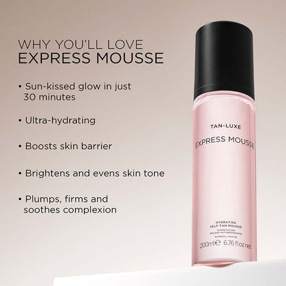Tan-Luxe Express Mousse | ultra hydrating tan | water tan | transfer free tan | brightening tan | sun kissed tan | medium tan 