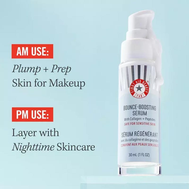 First Aid Beauty Bounce Boosting Serum with Collagen + Peptides | Skincare | serum | nighttime serum | collagen skincare | First Aid Beauty | Moisturiser | face moisturiser | serum 