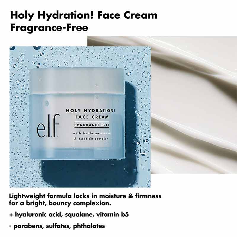 e.l.f. Holy Hydration! Face Cream Fragrance Free | Hyaluronic acid, Squalane, Vitamin B5| Moisturises | Boosts moisture and hydration | 
