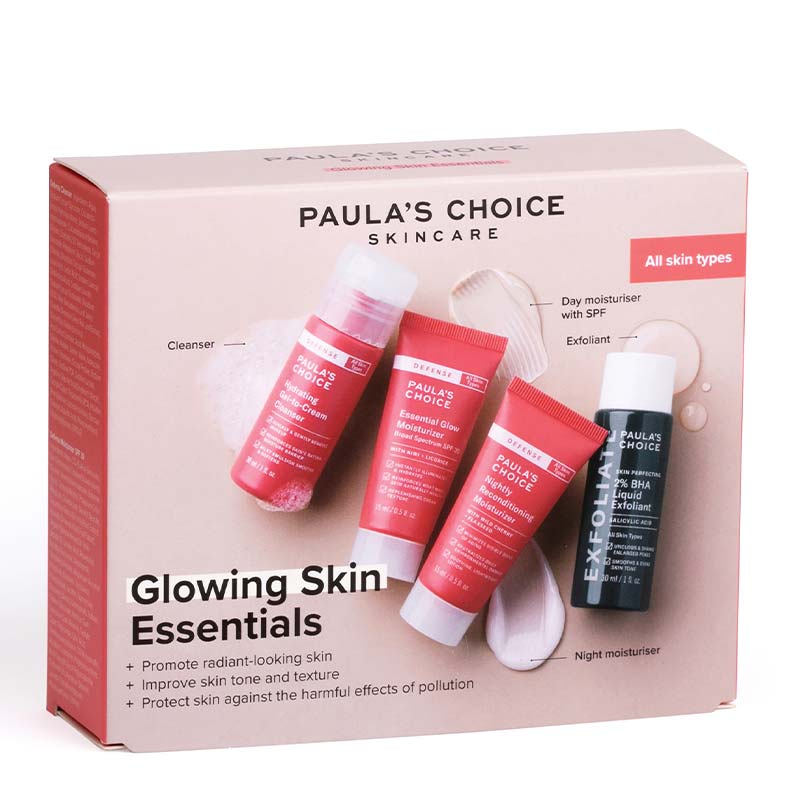 Hydrating Gel-to-Cream Cleanser 30ml 2% BHA Liquid Exfoliant 30ml Essential Glow Moisturizer 15ml Nightly Reconditioning Moisturiser 15ml | Paula's Choice Trial Kit Defense Glowing Skin