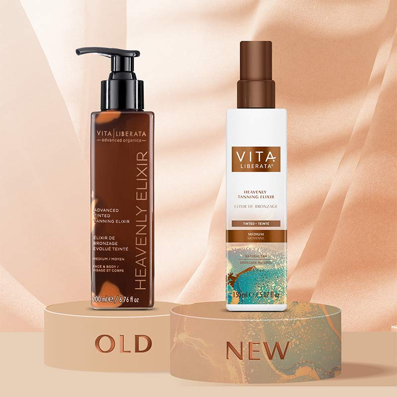 Vita Liberata Heavenly Elixir | shade medium | tinted mist tan | heavenly elixir new packaging | vita liberata rebrand before and after
