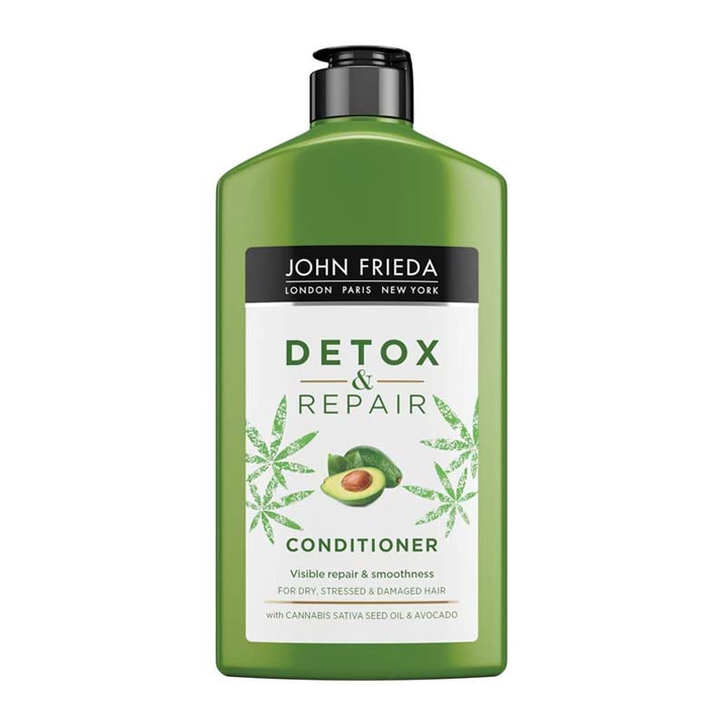 John Frieda Detox & Repair Conditioner | Cannabis sativa seed oil & avocado | dry, stressed and damaged hair | antioxidant rich green tea
