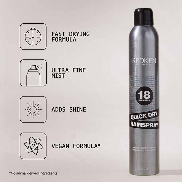 Redken’s 18 Quick Dry Hairspray | Extra hold hairspray | Adds shine | Ultra fine mist | Fast drying formula | Vegan formula 
