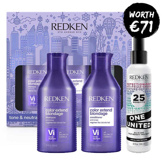 Redken Color Extend Blondage Trio Gift Set | blonde hair | colour protection | purple-pigmented shampoo | toning conditioner | treatment spray | violet pigment | blondage treatment